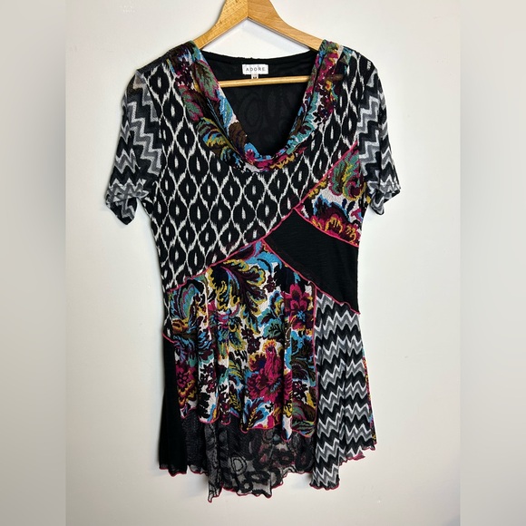 Adore Mini Dress Size M Lagenlook Flowy multicolor Asymmetrical Artsy Stretch - Picture 1 of 13
